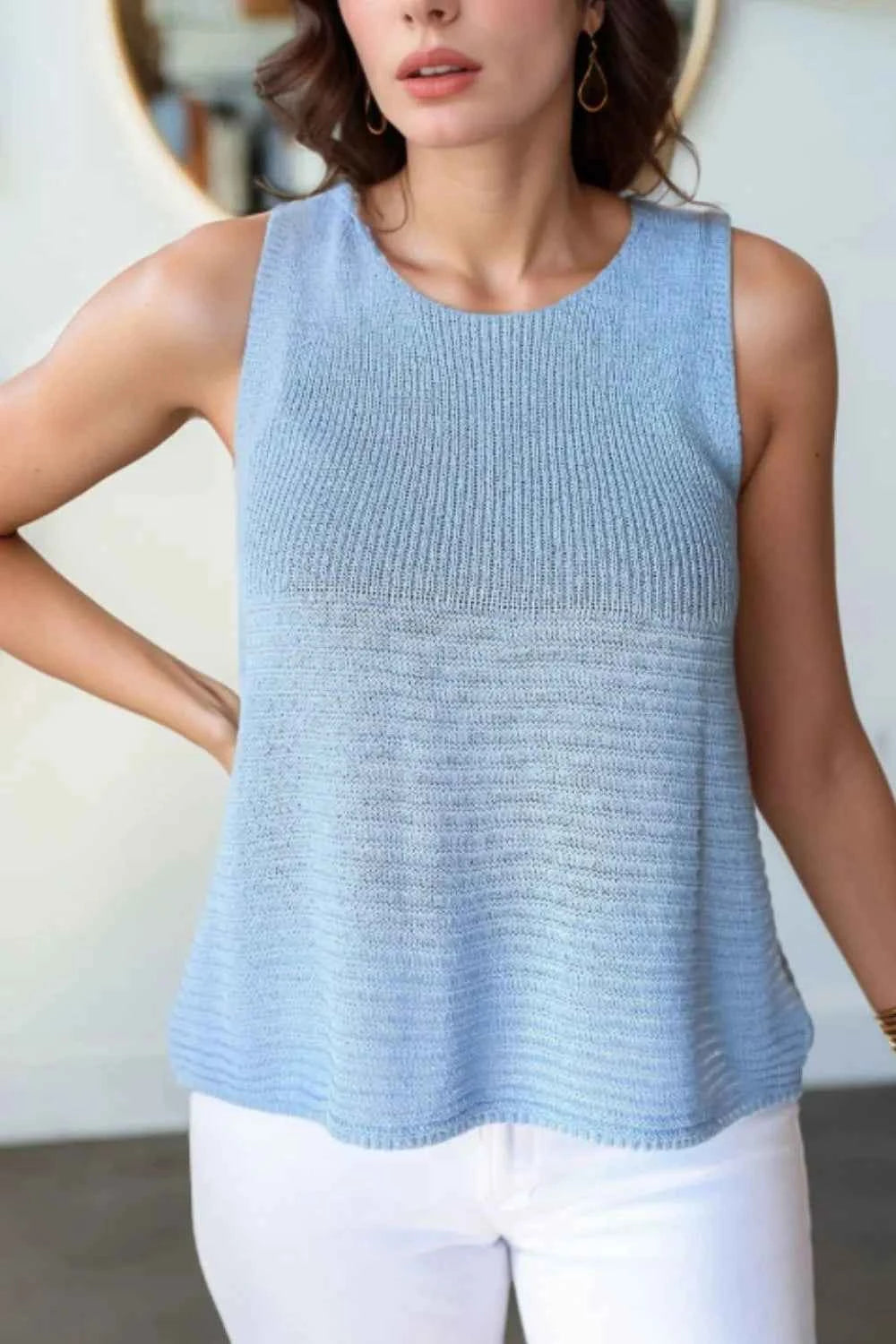 Sleeveless Knit Tank Top with Textured Pattern Light Blue 7f976eb4-84f0-40c2-b124-6c41081a1566-Max-Origin