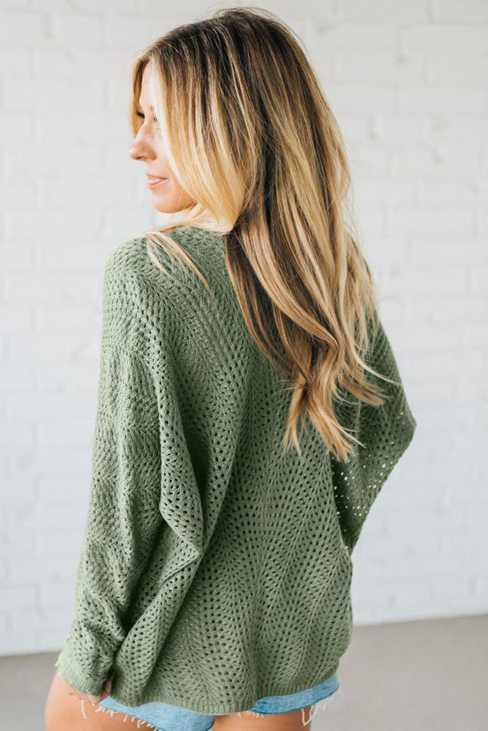 Green Bay Scalloped Edge Eyelet Knit Batwing Sleeve Cardigan 7f9bdeaead3ad67d