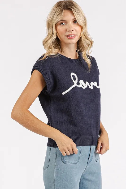 Contrast Letter Round Neck Cap Sleeve Knit Top 7f9d08b3-7522-4047-b6c2-f9ddc33e329b-Max