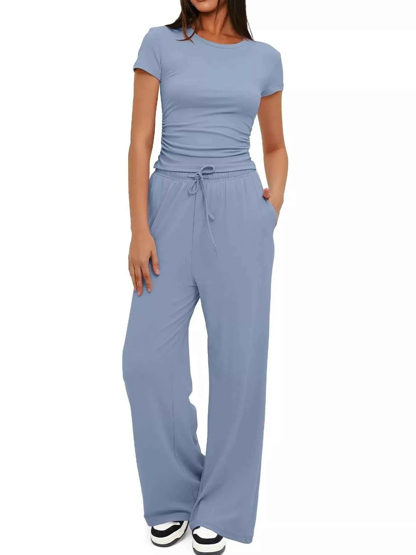 Round Neck Short Sleeve T-Shirt and Pants Set Blue 7fa4f716950d494187ff077f16bc4996-Max-Origin