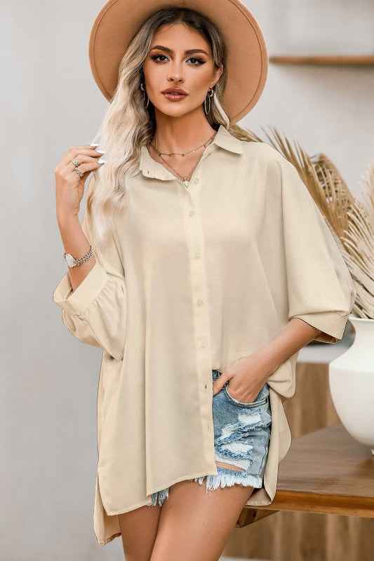 Solid 3/4 Puff Sleeve Oversize Shirt Apricot 7fa518c4-5c05-4423-b467-2715089fecd7