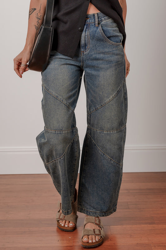 Sail Blue Exposed Stitching Loose Straight High Waist Barrel Jeans 7fa75a994af860fd