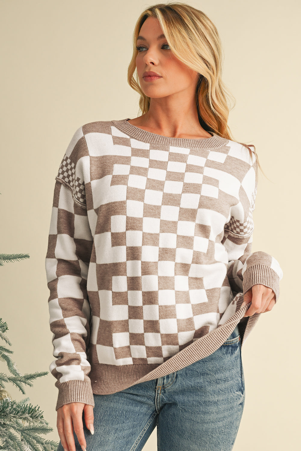 Black Checkered Drop Shoulder Round Neck Sweater 7fa99d89ba672817