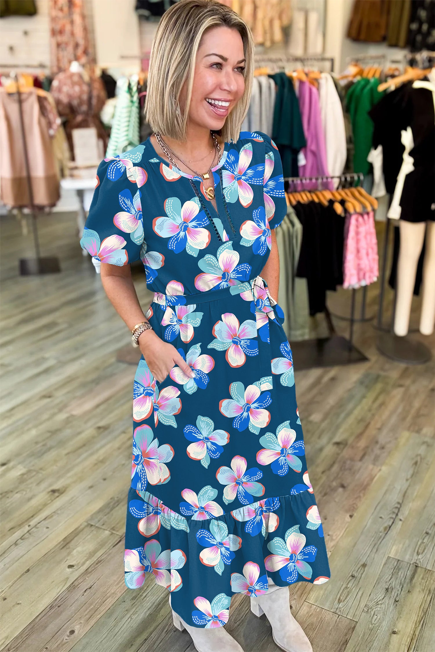 Blue Floral Print Short Puff Sleeve Ruffle Hem Belted Long Dress 7facc62385d97cfc