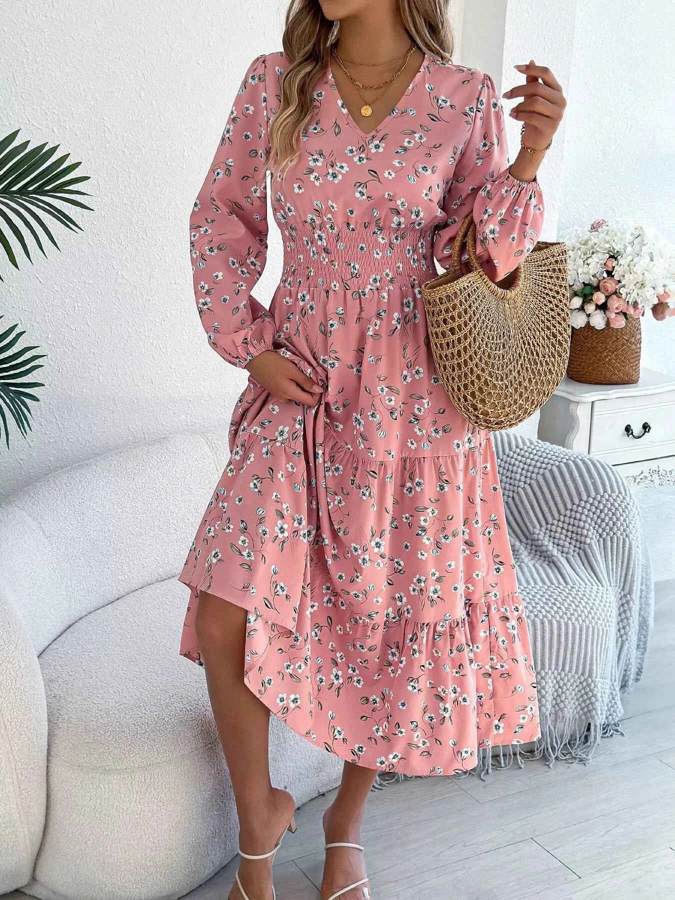 Floral Print Long Sleeve V-Neck Midi Dress 7fb02970fc7045e285fd161e8fb933dc-Max-Origin
