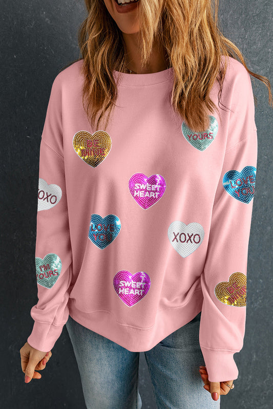 Pink Sequin Romantic Sweet Heart Graphic Valentines Sweatshirt Pink 50%Polyester+50%Cotton 7fb1428397777f2c