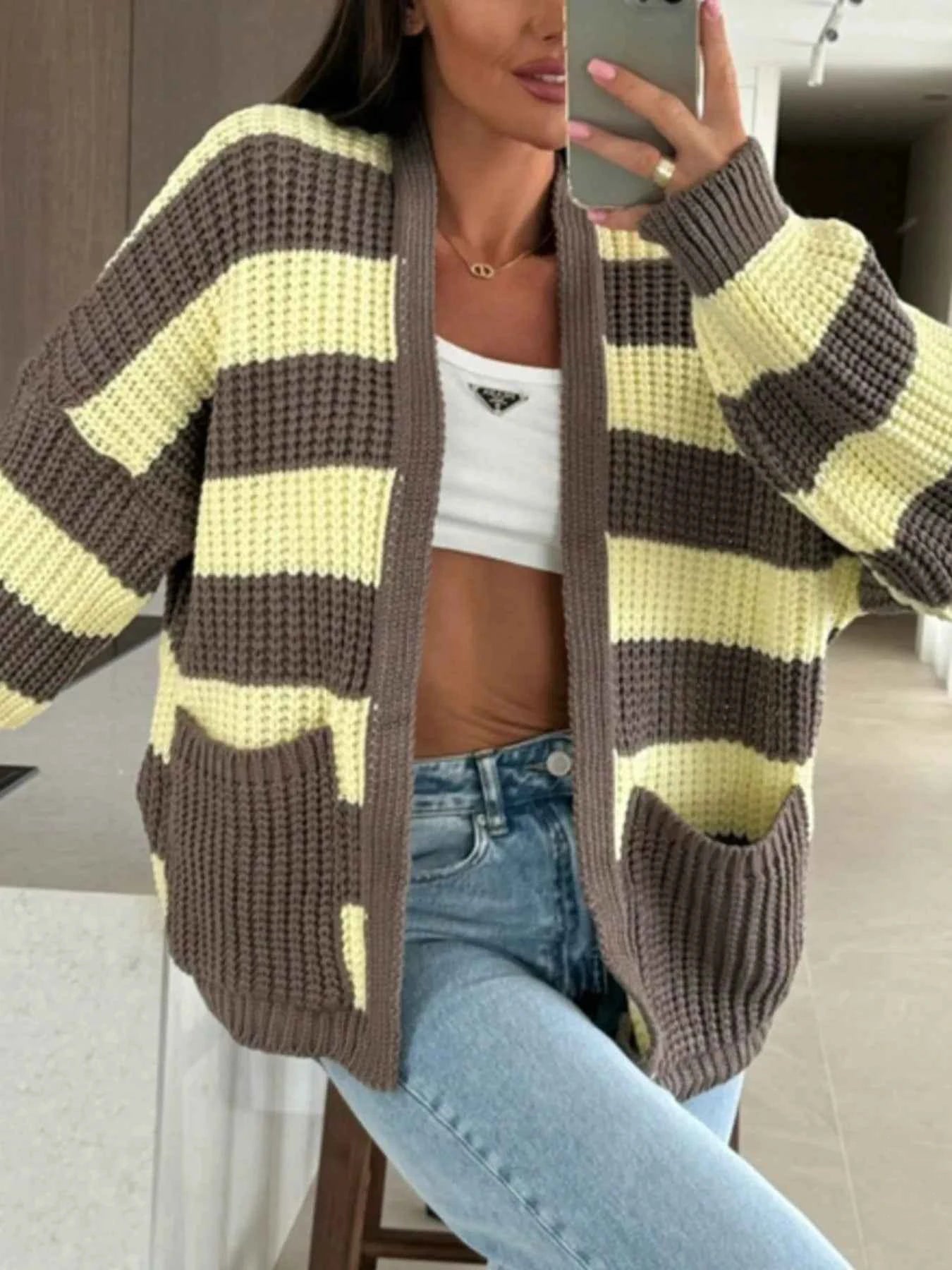 Striped Open Front Long Sleeve Cardigan Yellow 7fb508c3-647f-4e83-aede-e4c8eabc0608-Max-Origin
