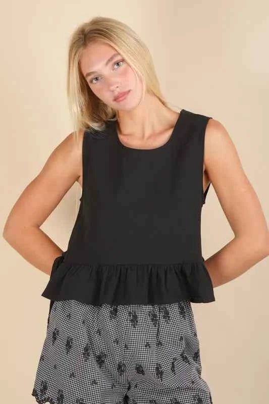 VERY J Side Tie Detail Ruffled Sleeveless Top Black 7fb593bff71440b18ff138f0bd32b7f1-Max-Origin