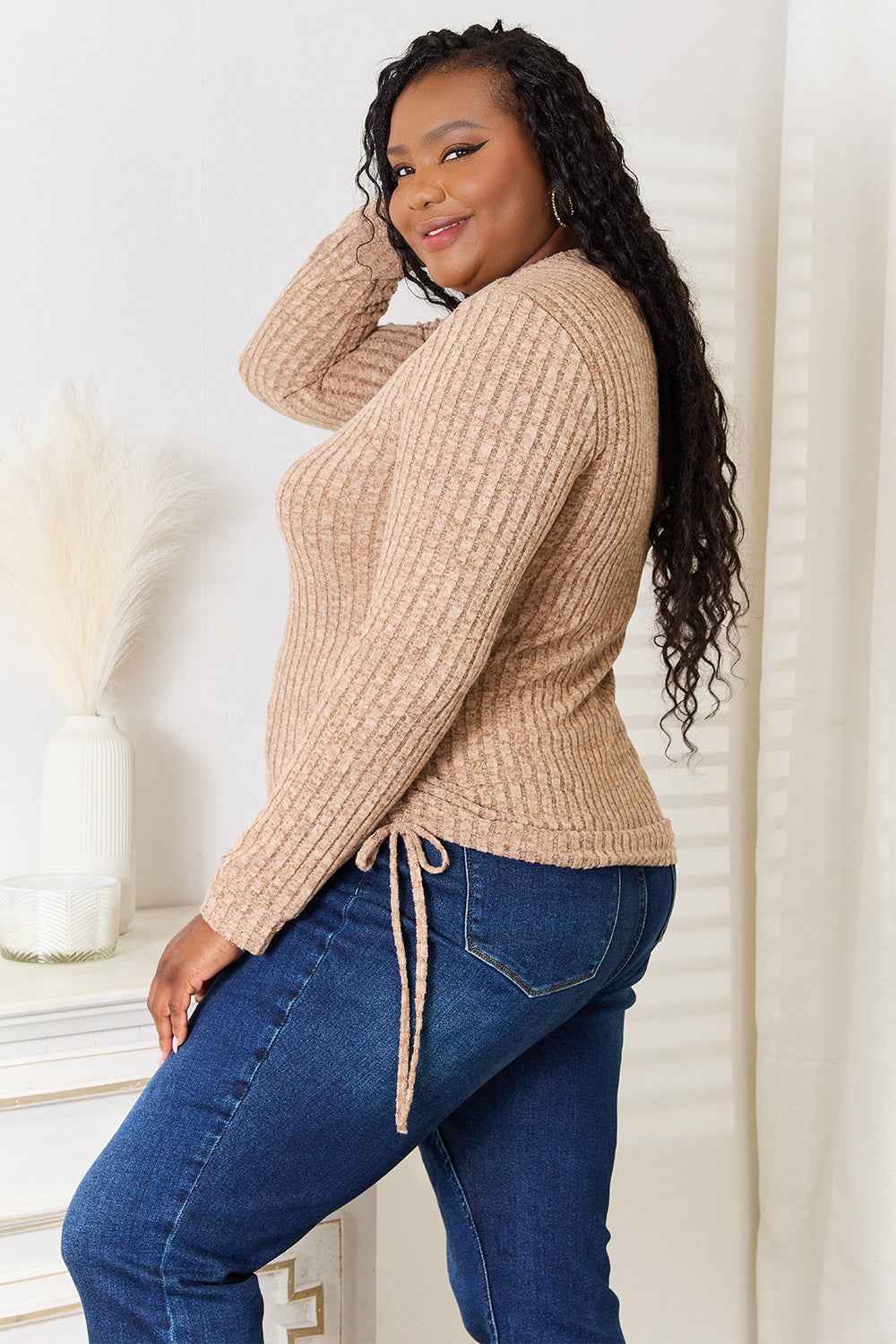 Double Take Drawstring Ribbed Long Sleeve T-Shirt 7fb84efc83e846efb9256ba89a19688a-Max
