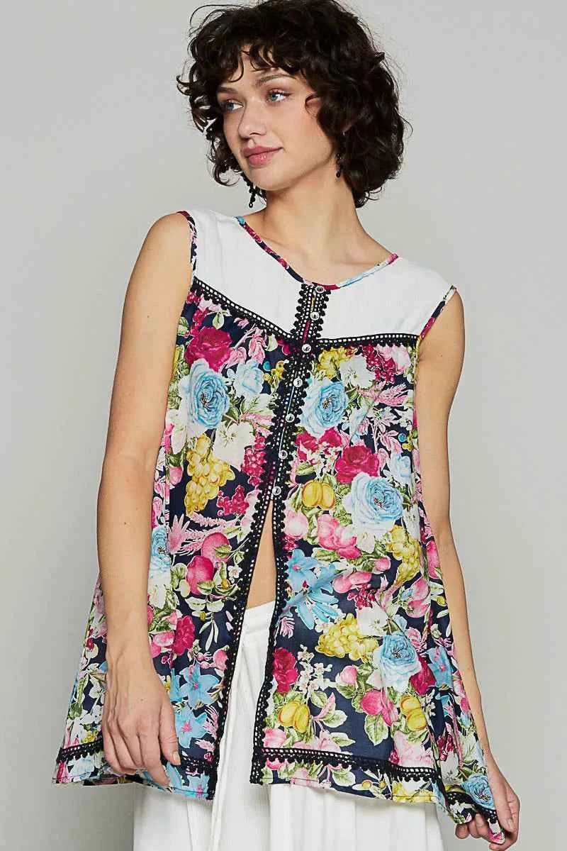 POL Lace Detail Floral Print Sleeveless Blouse Ivory 7fba41ee-6d01-4718-b9d8-d5f2f5dc9983-Max-Origin