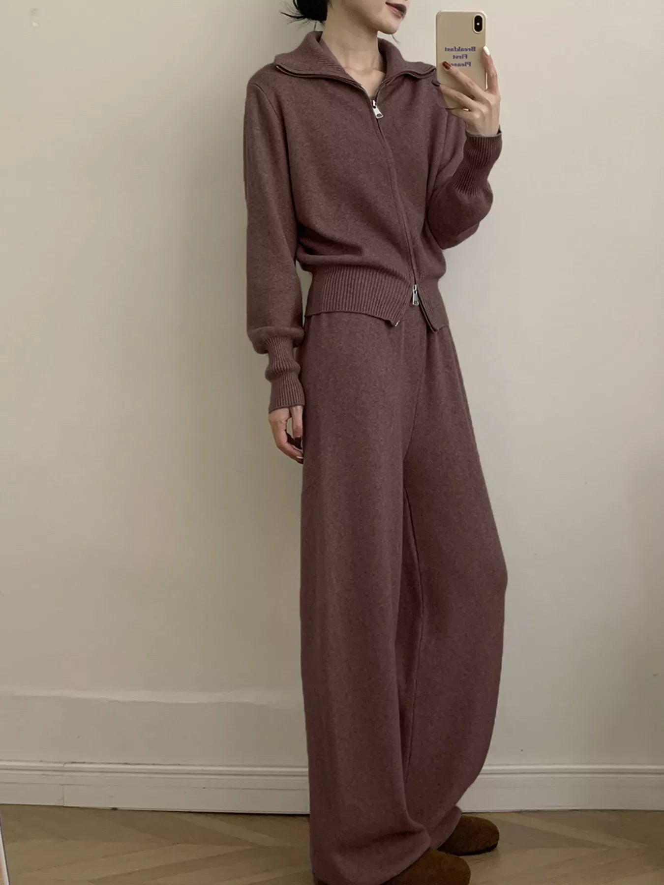 Zip Up Outerwear and Wide Leg Pants Set Brown One Size 7fc66710bdba4fa891f32aaf752f4bdc-Max-Origin