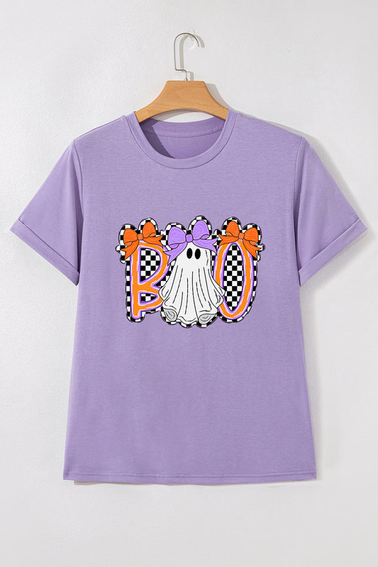 Wisteria Boo Checkered Ghost Heat Transfer Printing Crewneck Graphic Tee Wisteria 62%Polyester+32%Cotton+6%Elastane 7fcc6c44cd4fae07