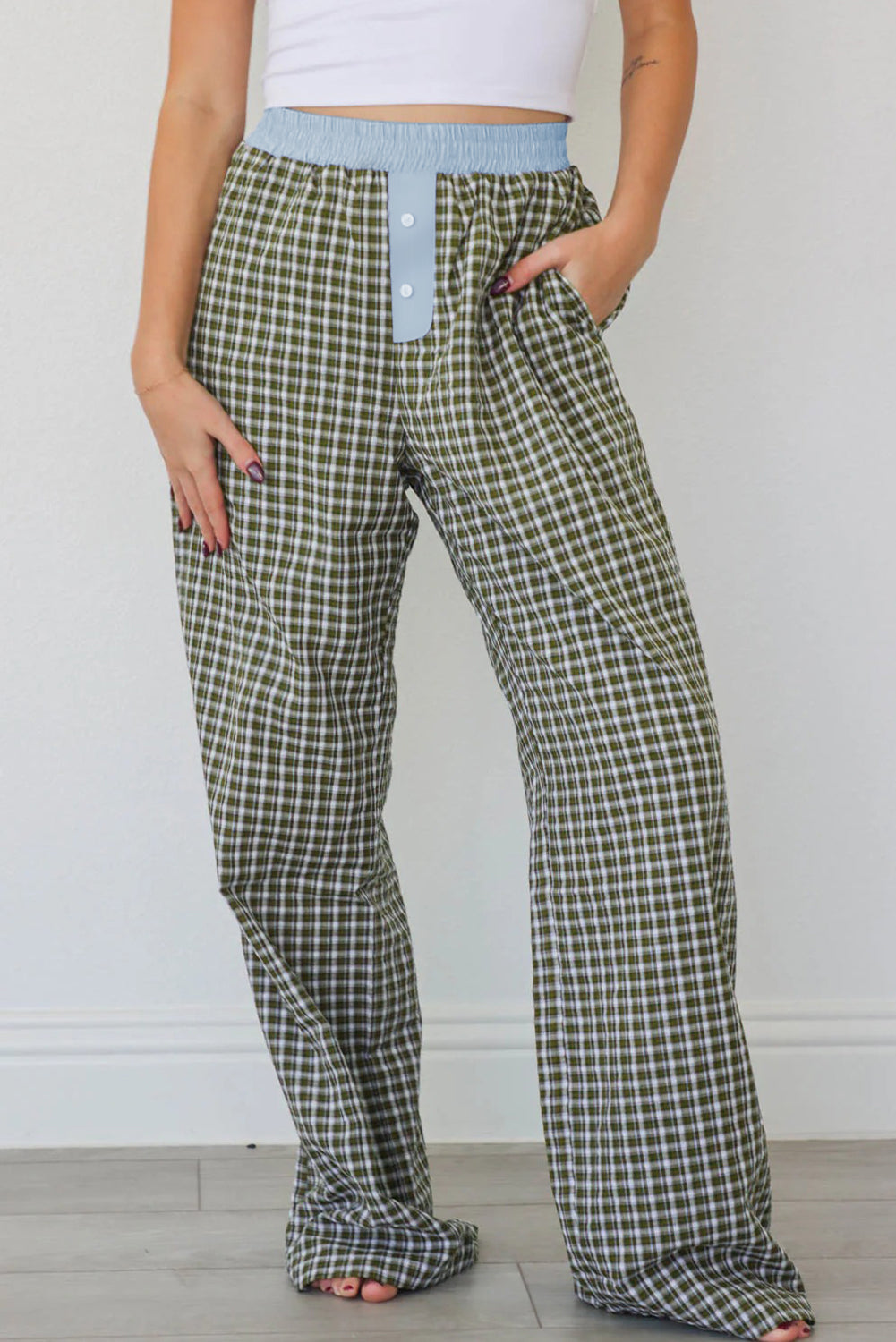 Brown Plaid Button High Waist Patchwork Pants 7fcc6fb3125f62a9