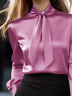 Satin Bow Tie Long Sleeve Blouse 7fceff4927154b6b80cb61e135217f4b-Max-Origin