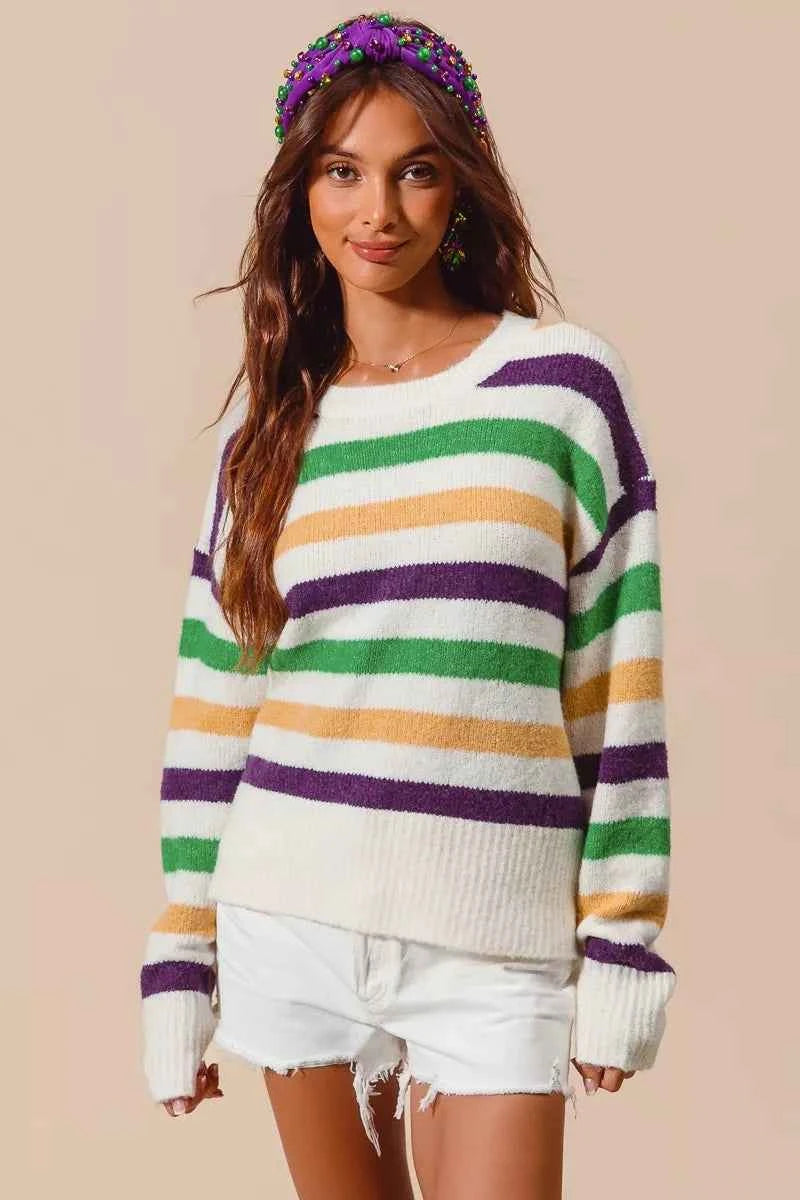 SO ME Mardi Gras Color Stripe Round Neck Sweater Top 7fd86dcd4b7346e4ae342146caff796a-Max-Origin