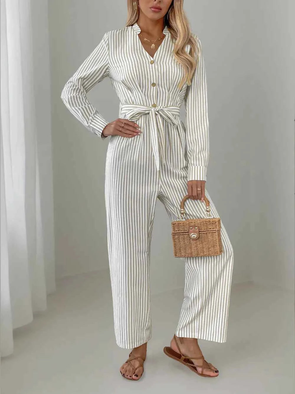 Striped Notched Long Sleeve Tie Waist Jumpsuit 7fd995fb-d8f5-4623-87b9-86bd76e78d44-Max