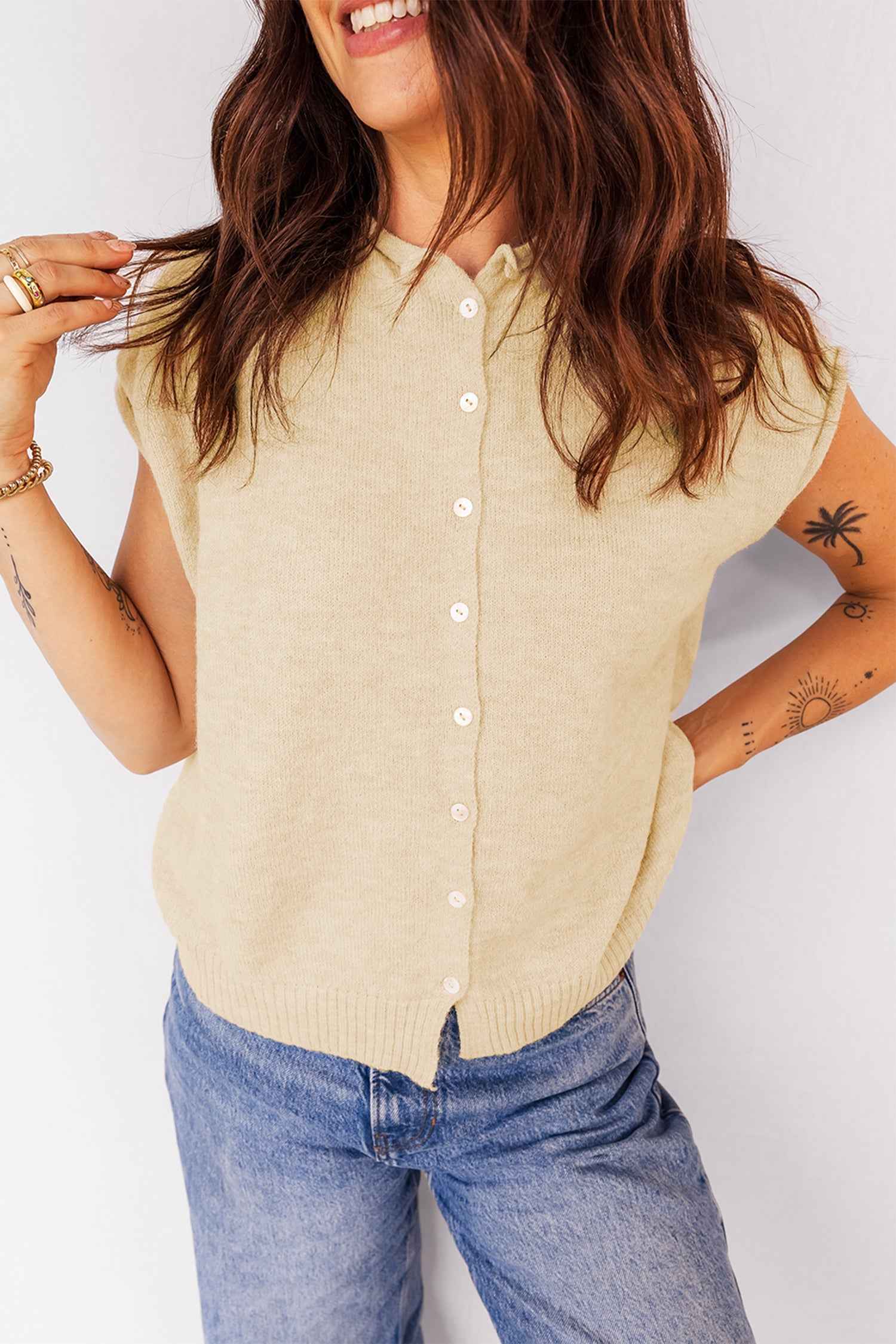 Apricot Buttoned Front Rolled Hem Cap Sleeve Sweater Top 7fdb20a27d0c7da1