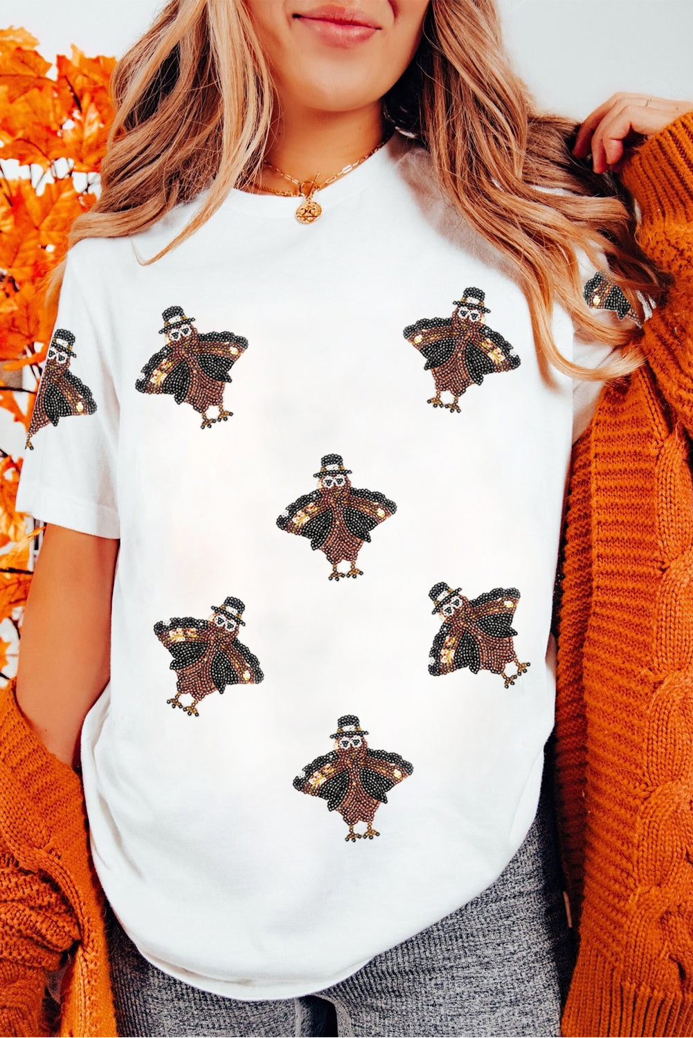 Black Sequin Turkey Patch Application Graphic Tee 7fde031cf31af09b