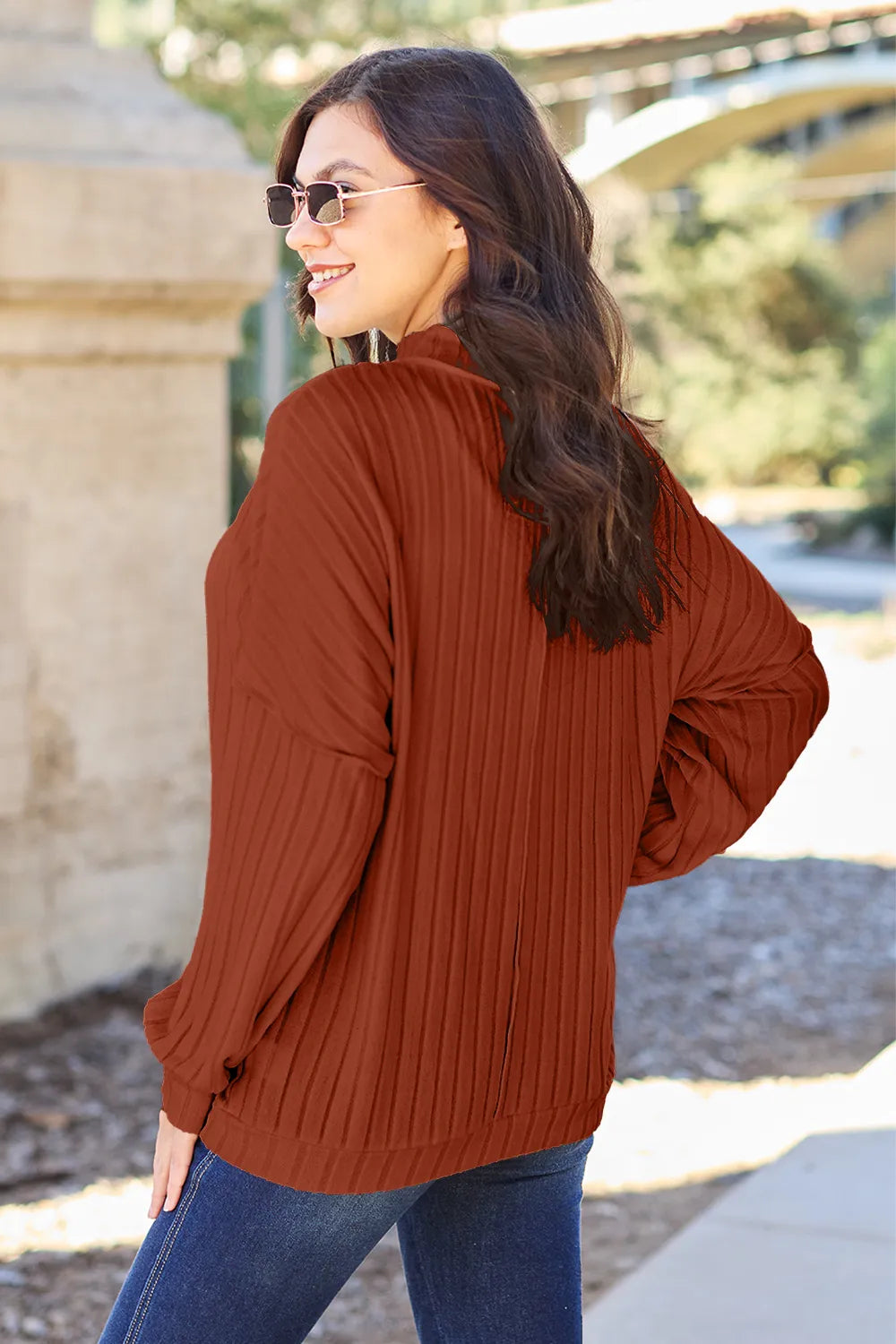 Basic Bae Full Size Ribbed Exposed Seam Mock Neck Knit Top 7fe42222a8e144a897786abf4776a918-Max