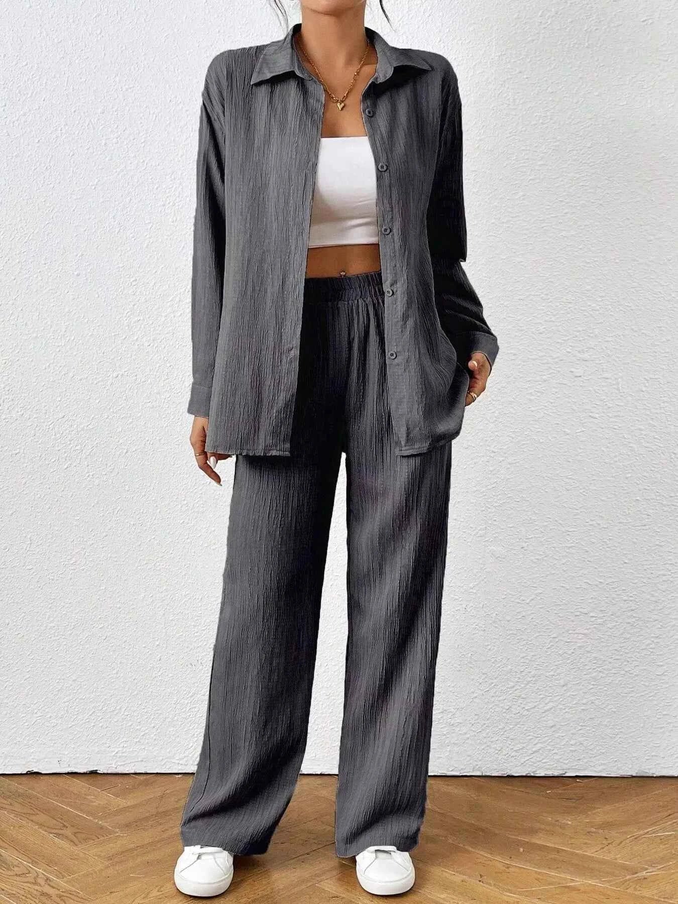 Button Up Long Sleeve Shirt and Pants Set Dark Gray 7fe4df7cd70244b5ab8c6e1cc64848c7-Max-Origin