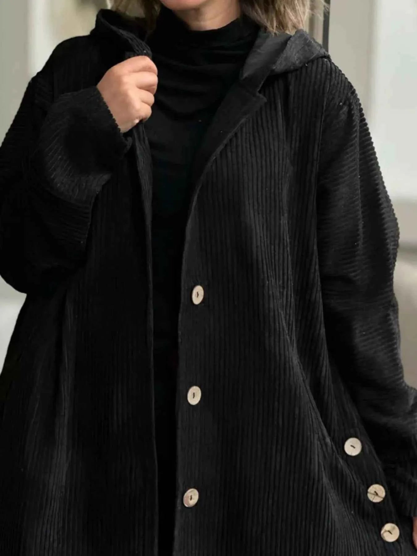 Full Size Corduroy Hooded Button-Up Jacket Plus Size Black 7fe71fbc-a9b7-4426-8f0b-4554ccfcbdf8-Max-Origin