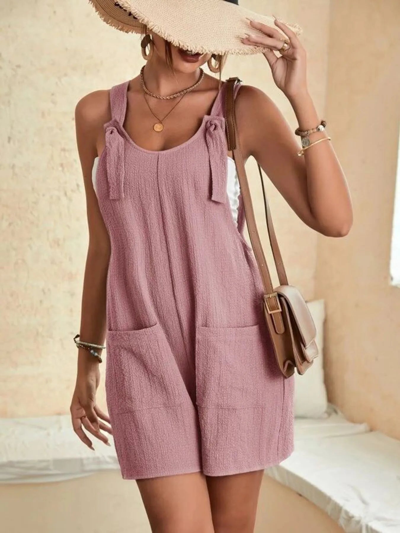 Full Size Knot Strap Romper with Pockets Plus Size 7fe8b17b1f66410497ac1aa1b11ad33a-Max-Origin