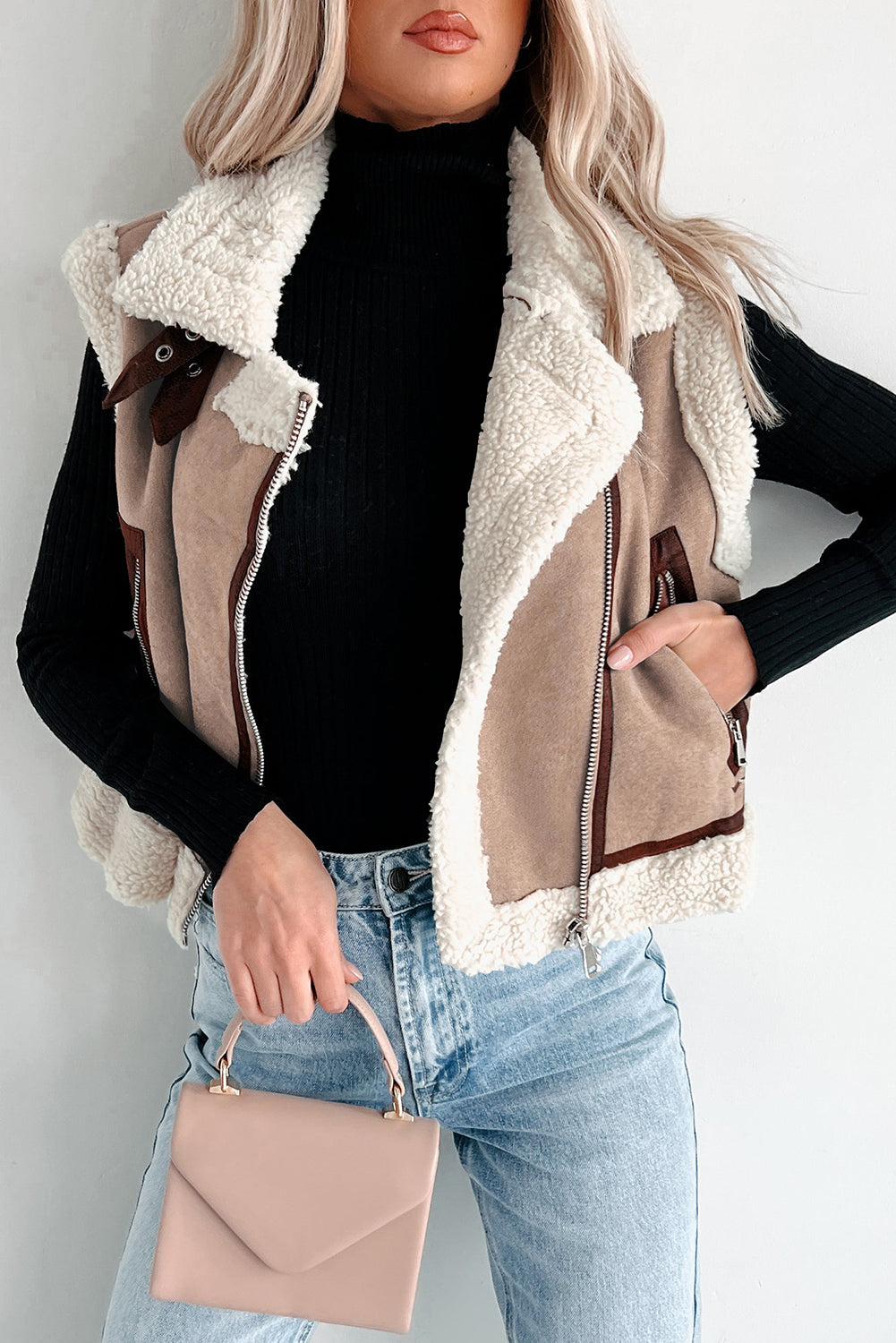 Dark Khaki Sherpa Lined Faux Suede Lapel Collar Vest 7fee67a218bbf7d0