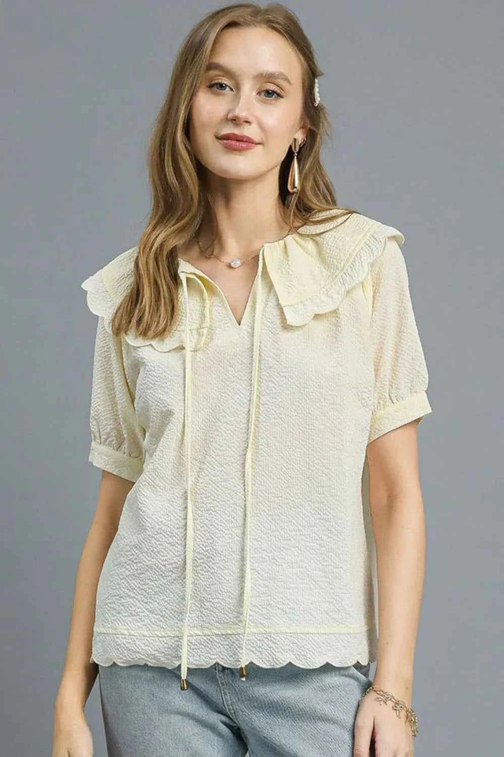 Umgee Peter Pan Collar Short Sleeve Blouse 7feea8c1-9806-4a60-93a1-05d5cd184b8c-Max-Origin