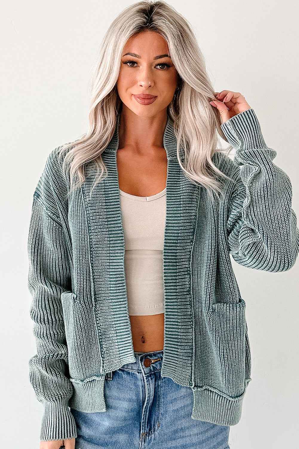 Chestnut Mineral Wash Exposed Seam Patchwork Knit Open Sweater Cardigan 7ff6d28b100ba28c