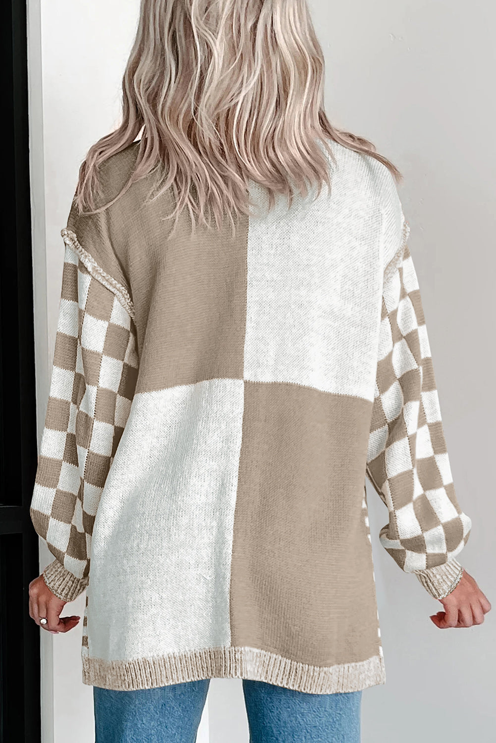 Orange Checkered Open Front Drop Shoulder Cardigan 8000b059869fe2af