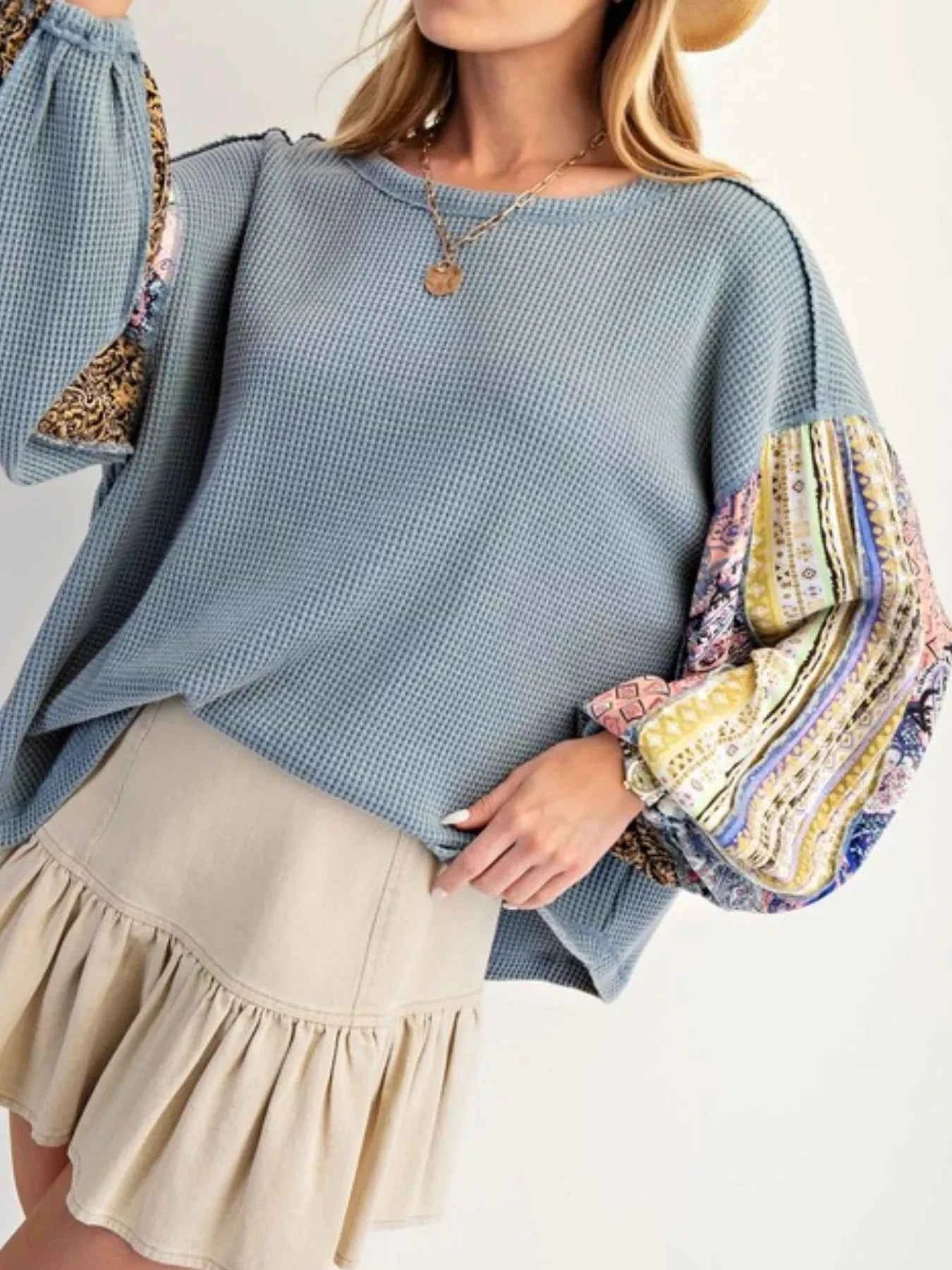 Waffle Knit Round Neck Dropped Shoulder Sweatshirt 8001180a-c332-447a-bf19-97b1beb62347-Max-Origin