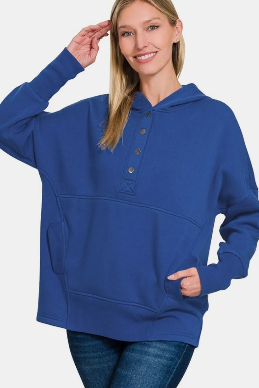 Zenana Half Snap Long Sleeve Hoodie with Kangaroo Pocket Navy 8001de67-3d5c-40db-9741-f000ef45bc75-Max