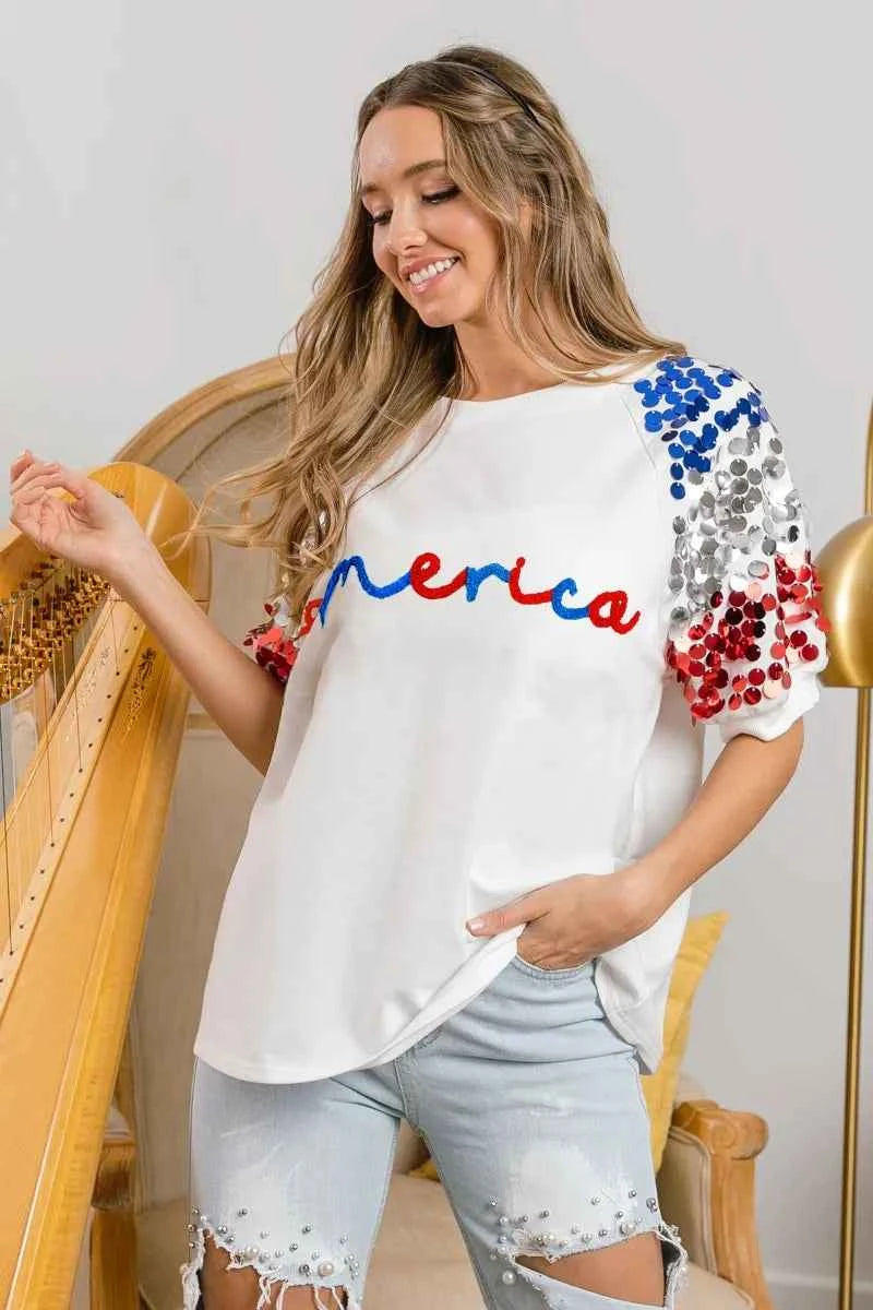 BiBi America Letter Applique Spangle Puff Sleeves Top 80037ab5780e423996bd5feb5dffbb37-Max-Origin