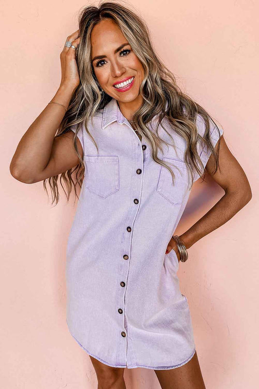 Orchid Petal Double Chest Pocket Denim Shirt Dress 8004d9b67df309d7