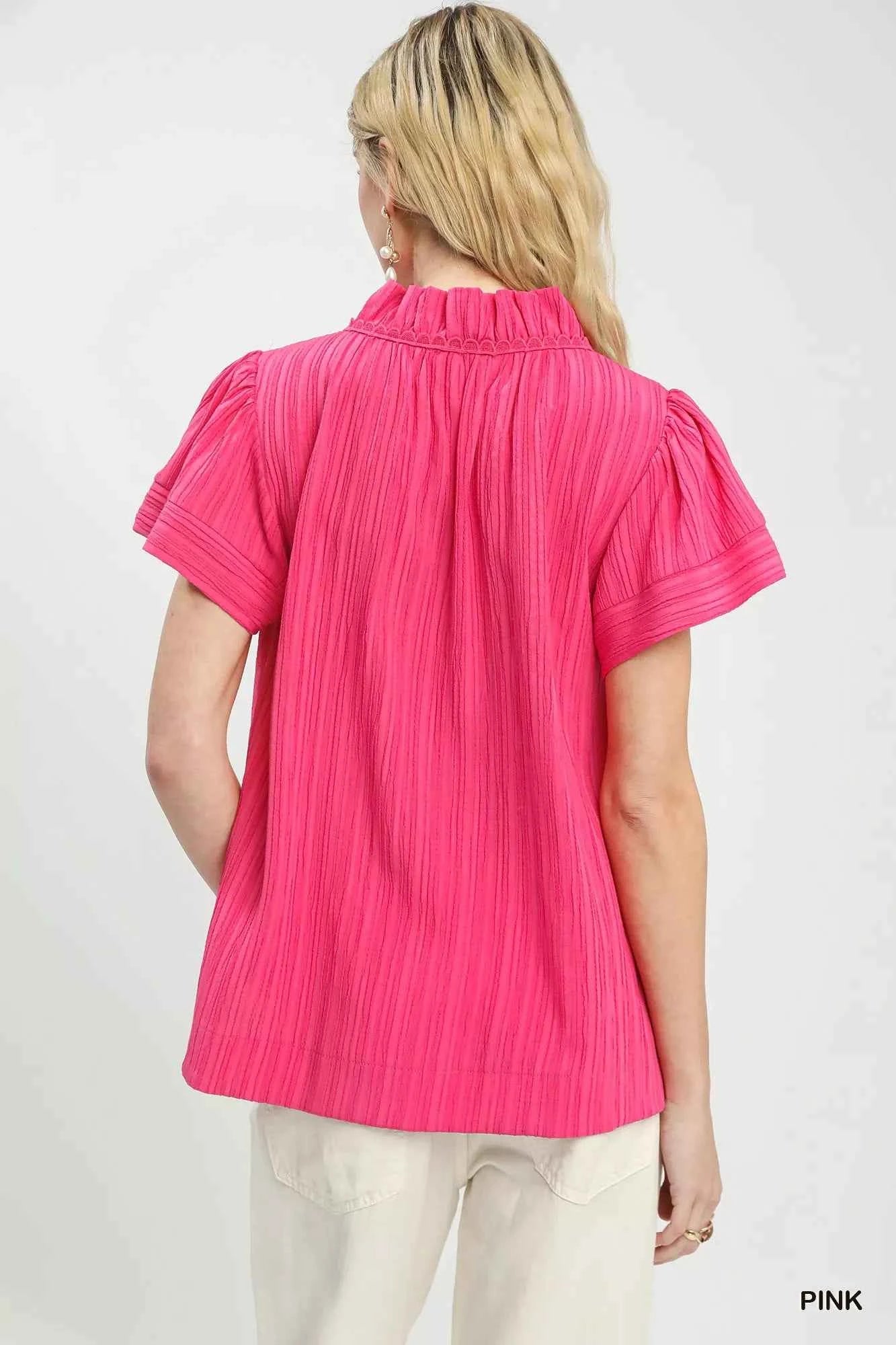 Umgee Texture Flutter Sleeve Notched Blouse 8007a0b8-b8ec-49d1-abfe-aeb3fa6a5c4b-Max-Origin