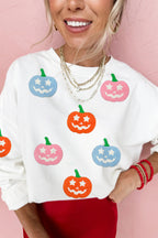 White Cute Halloween Pumpkin Sequins Patch Graphic Sweatshirt 8007a21728f98b0a
