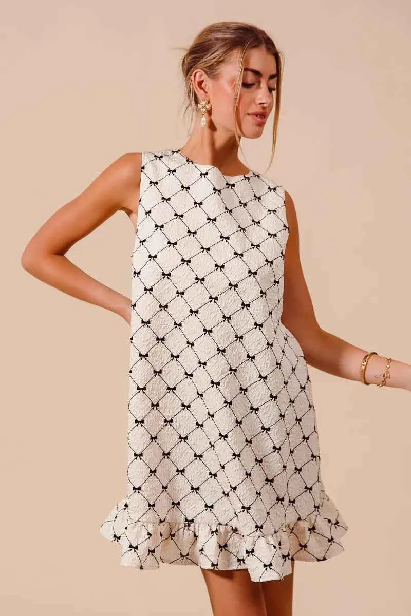 Texture Bow Printed Mini Ruffle Dress IVORY 8007b1d5b403453b8322017dd3ee088a-Max-Origin