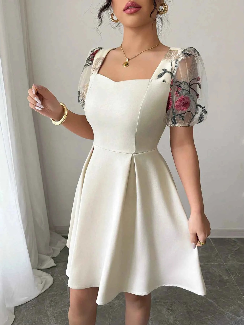Square Neck Floral Sheer Sleeve Dress Ivory 800ae1a5-77de-4029-9bc0-58a0a6406984-Max-Origin