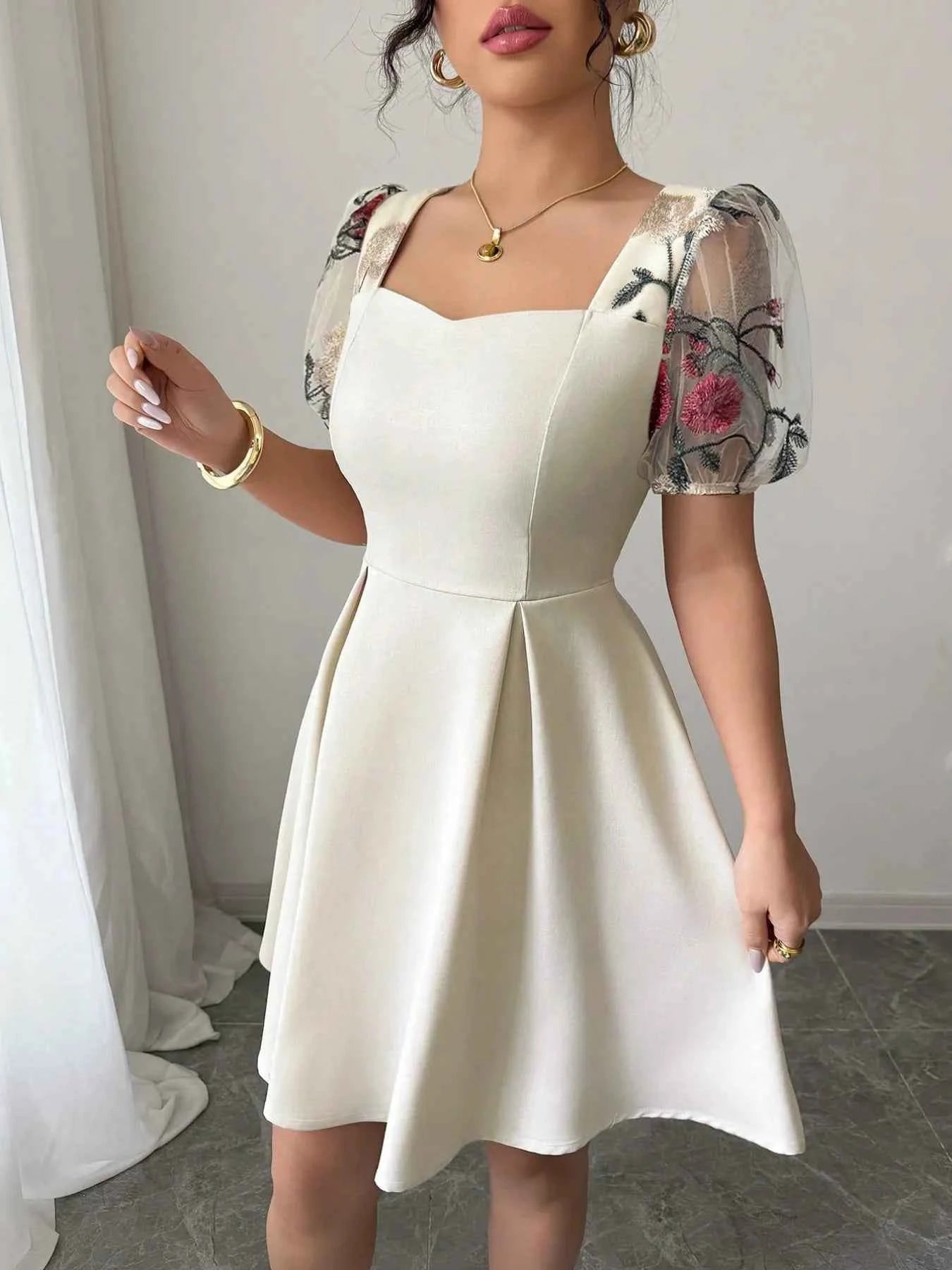 Square Neck Floral Sheer Sleeve Dress Ivory 800ae1a5-77de-4029-9bc0-58a0a6406984-Max-Origin