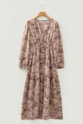 Floral Smocked High Waist Long Sleeve Dress Brown 800ec56d-121d-4ac8-9867-1b0953047d3c