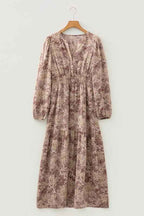 Floral Smocked High Waist Long Sleeve Dress Brown 800ec56d-121d-4ac8-9867-1b0953047d3c