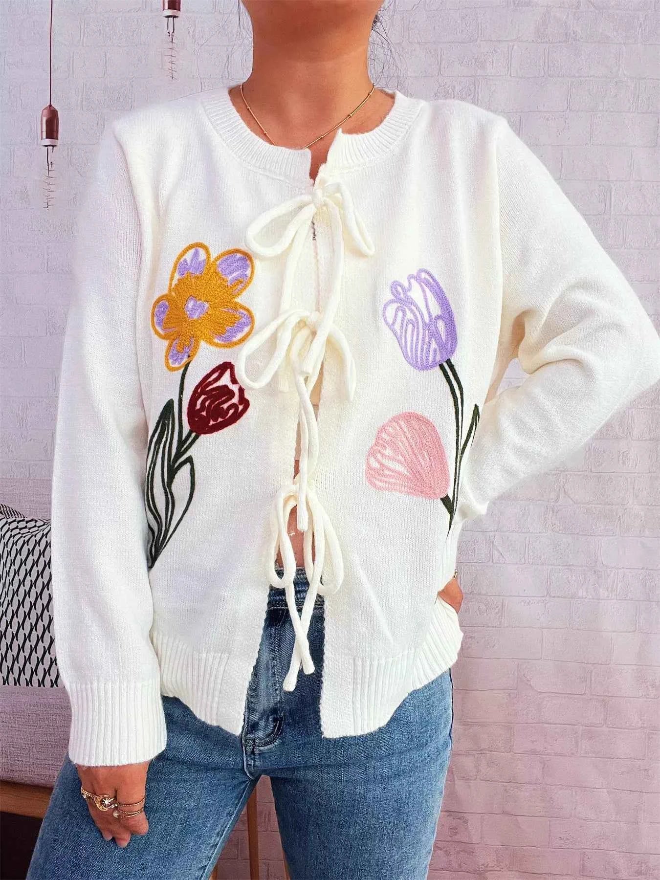 Floral Ribbed Hem Tie Front Cardigan White One Size 80152f8df8474b7eb27f40a4bace85c7-Max-Origin