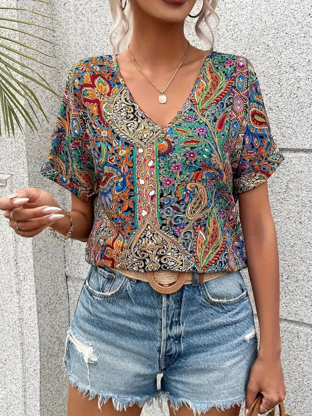 Bohemian Paisley Print V-Neck Short Sleeve T-Shirt 8015d24e-cb81-4a98-8510-44c193feb18f-Max-Origin