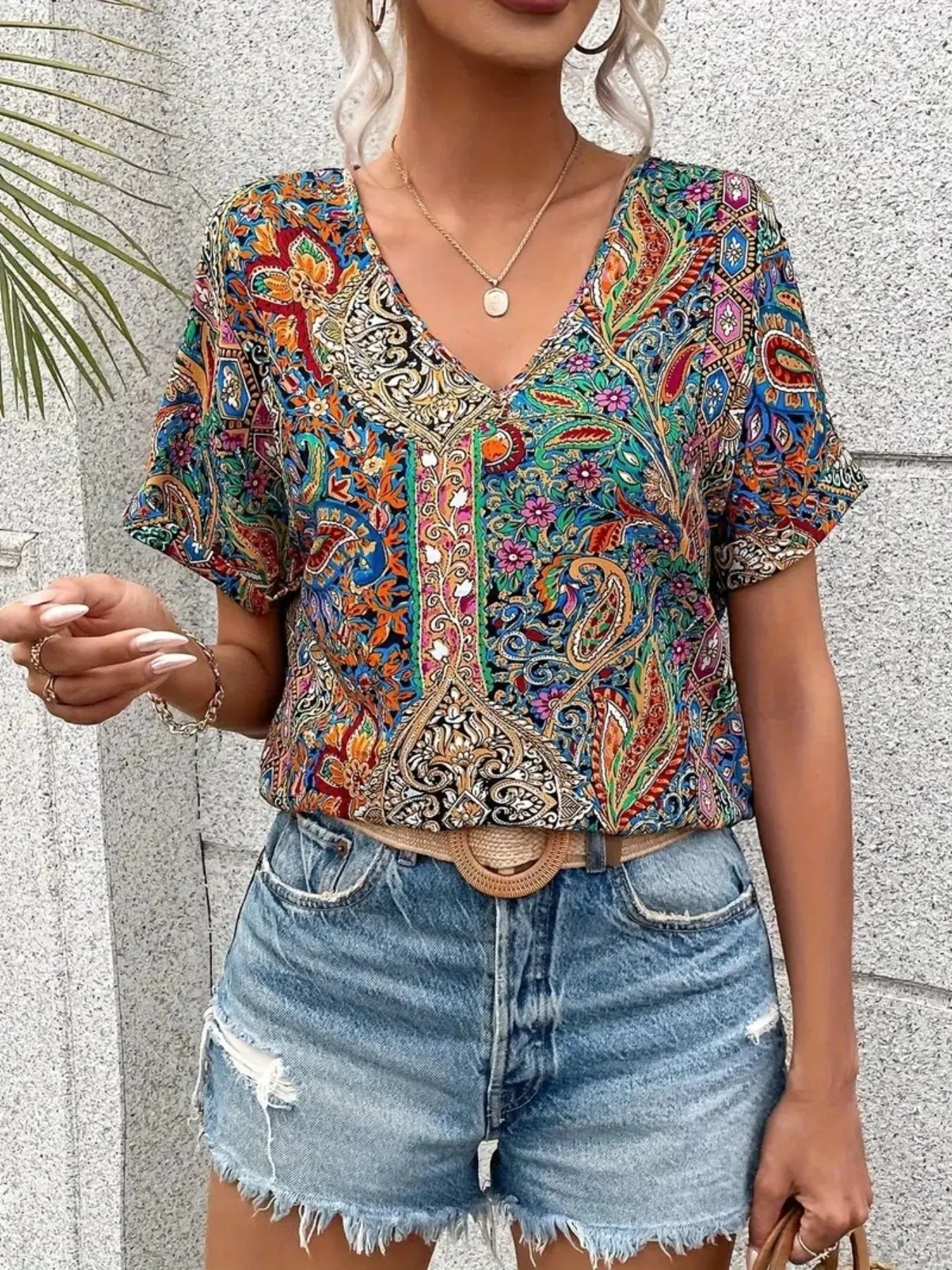 Bohemian Paisley Print V-Neck Short Sleeve T-Shirt 8015d24e-cb81-4a98-8510-44c193feb18f-Max-Origin