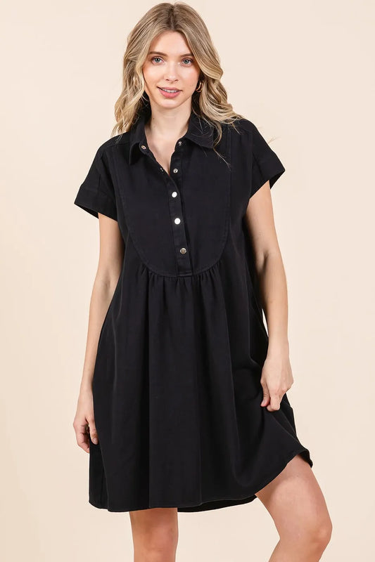 Twill Short Sleeve Collared Mini Dress BLACK 801868a07a444294b511df744199449b-Max-Origin