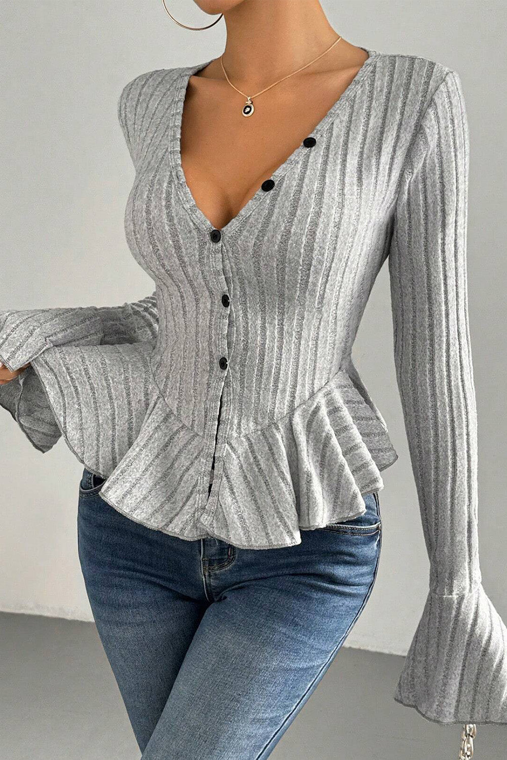 Light Grey Slim Fit Ruffle Hem Ribbed Long Sleeve Top Light Grey 801b7b22cec550df