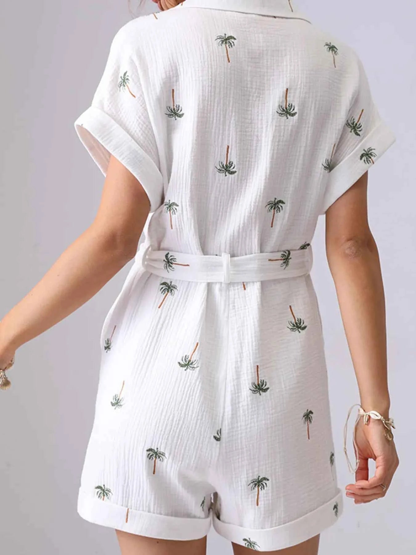 Palm Tree Print Short Sleeve Button-Up Romper with Belt 801c0b0bd8374a95bad36e0efacf1a56-Max-Origin