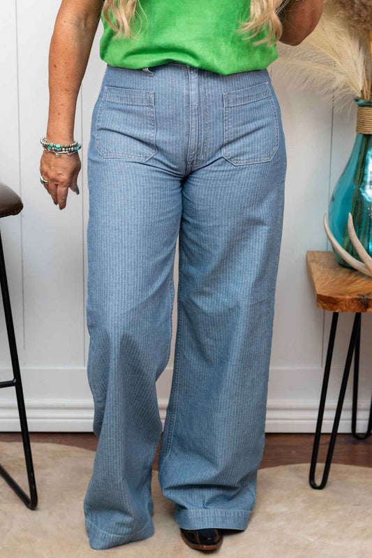 Dusk Blue Patched Pocket Textured Wide Leg Plus Size Jeans Dusk Blue 65%Cotton+33%Polyester+2%Elastane 802b92286371395b