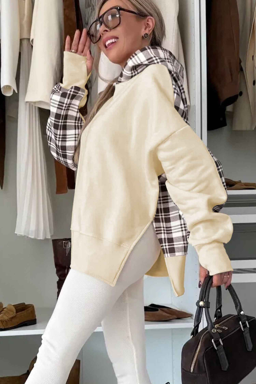 Beige Plaid Patchwork Side Slit Sweatshirt 802c69d805594ae0