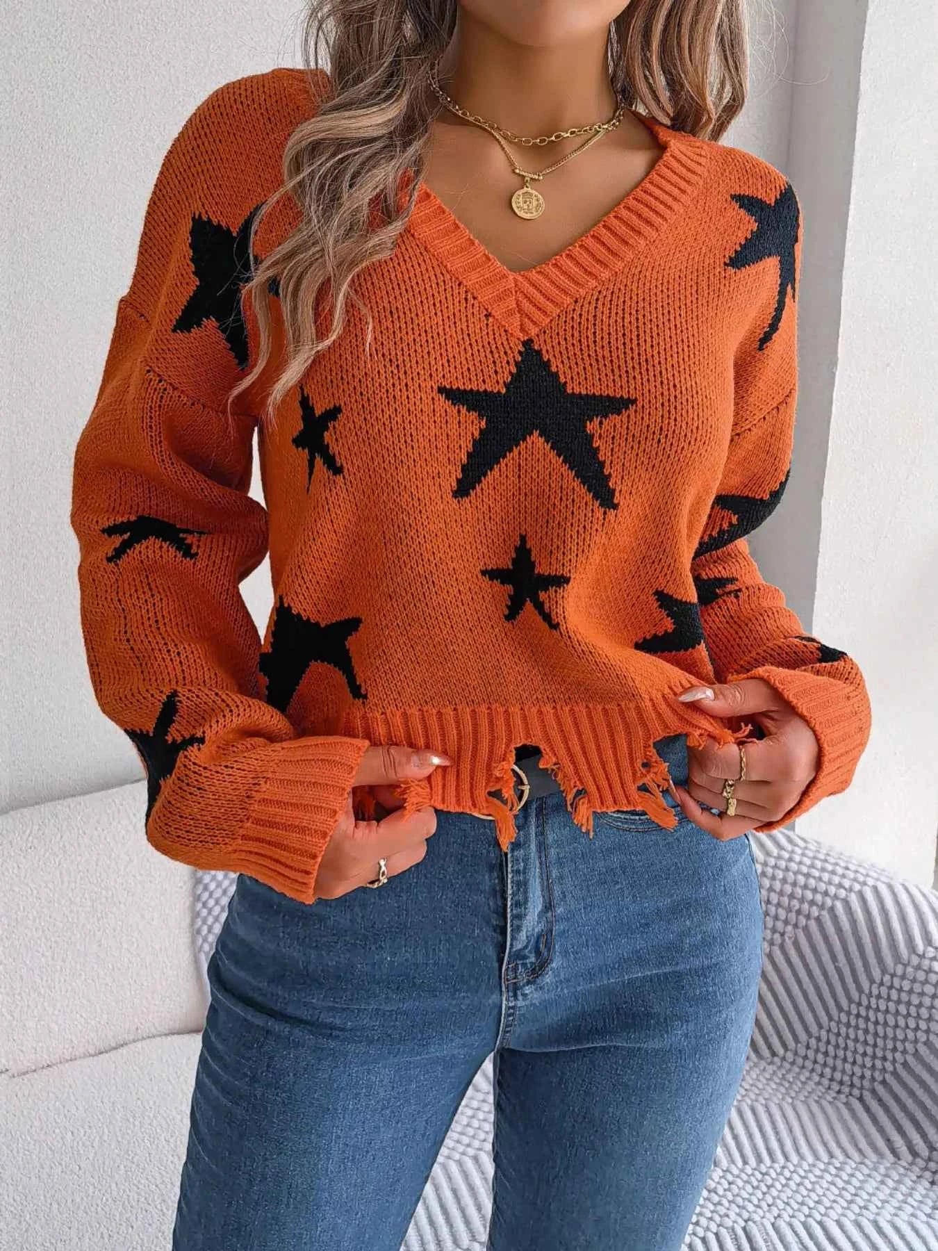 Star Pattern V-Neck Distressed Sweater Terracotta 802c7162-1f7c-479e-b389-1ca53da0aec1-Max-Origin